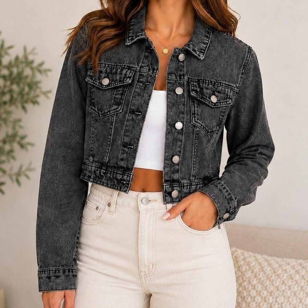 Ashley Vintage Charm Cropped Denim Jacket Grey Acid Wash Distressed Size Small